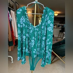 Free People Small Body Suite Blue Green Floral with Tie Back and Flare Sleeves